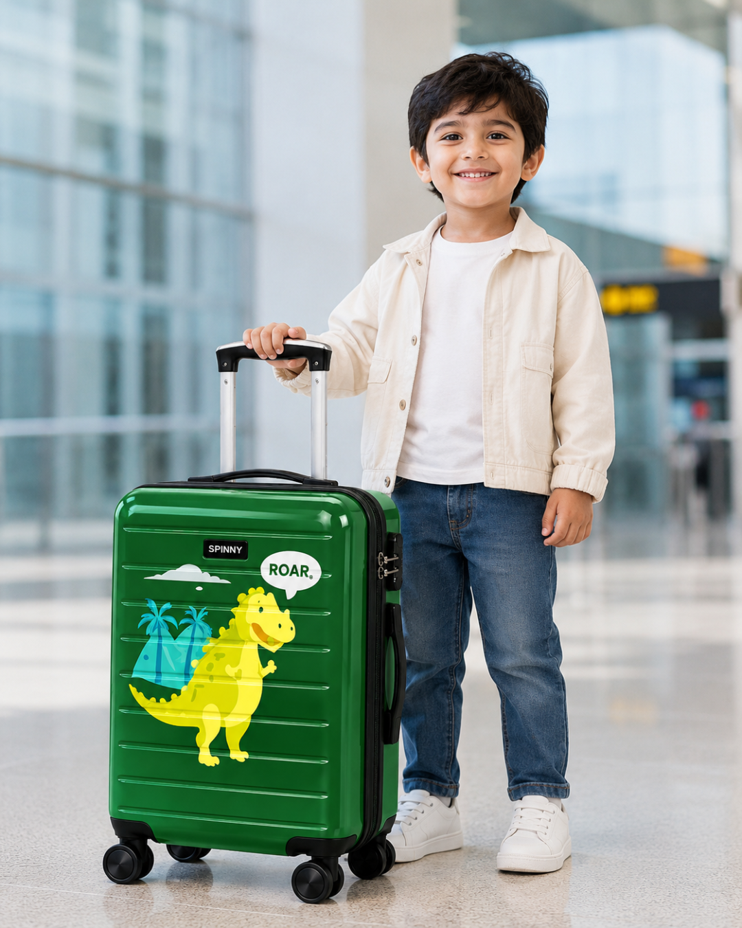 Dinosaur Printed ABS Kids Trolley Suitcase Front View - Roamer India