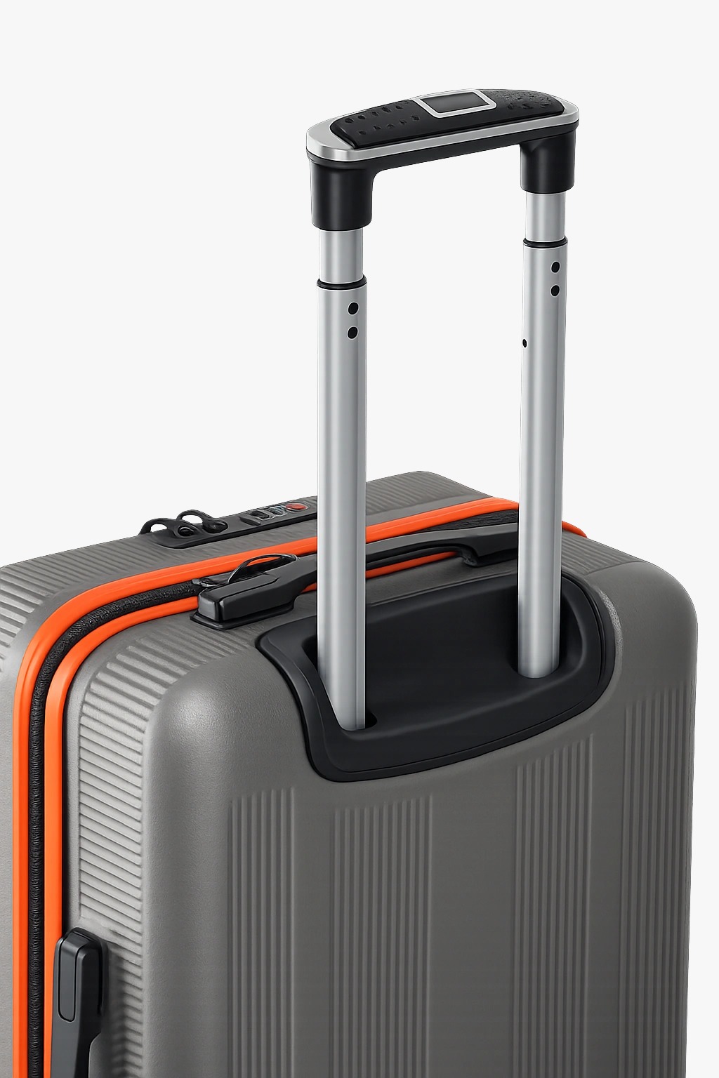 Close-up of the orange zipper and integrated combination lock.