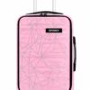 Spinny coral orange travel suitcase standing upright on a white background.