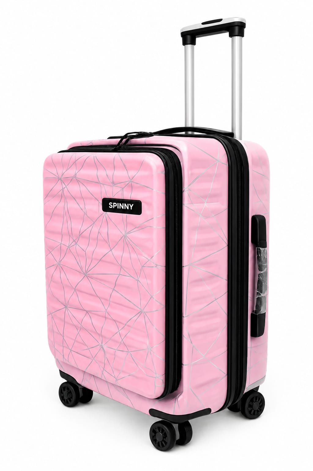 Salmon pink cabin luggage with black zippers and 360-degree spinner wheels.