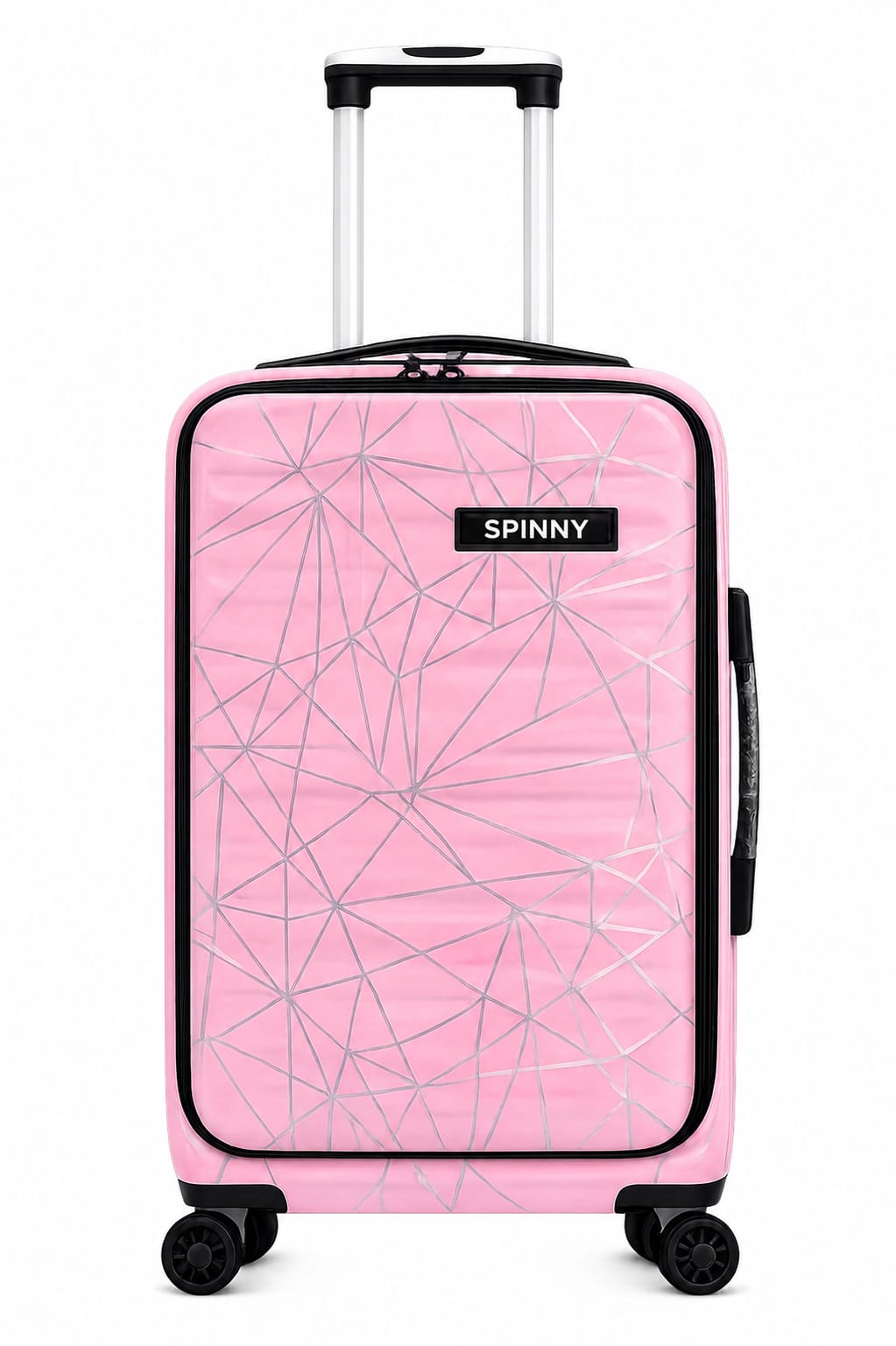 Spinny coral orange travel suitcase standing upright on a white background.