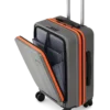 Grey hard shell laptop trolley bag with an open front laptop compartment and orange zippers.
