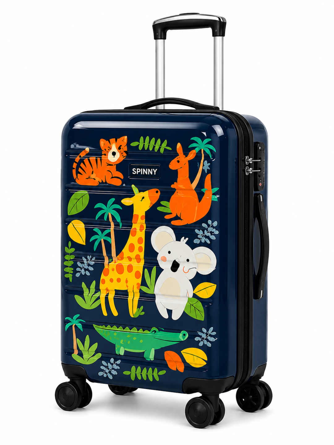 Navy Blue Jungle Animal Printed ABS Kids Trolley Luggage - Roamer India