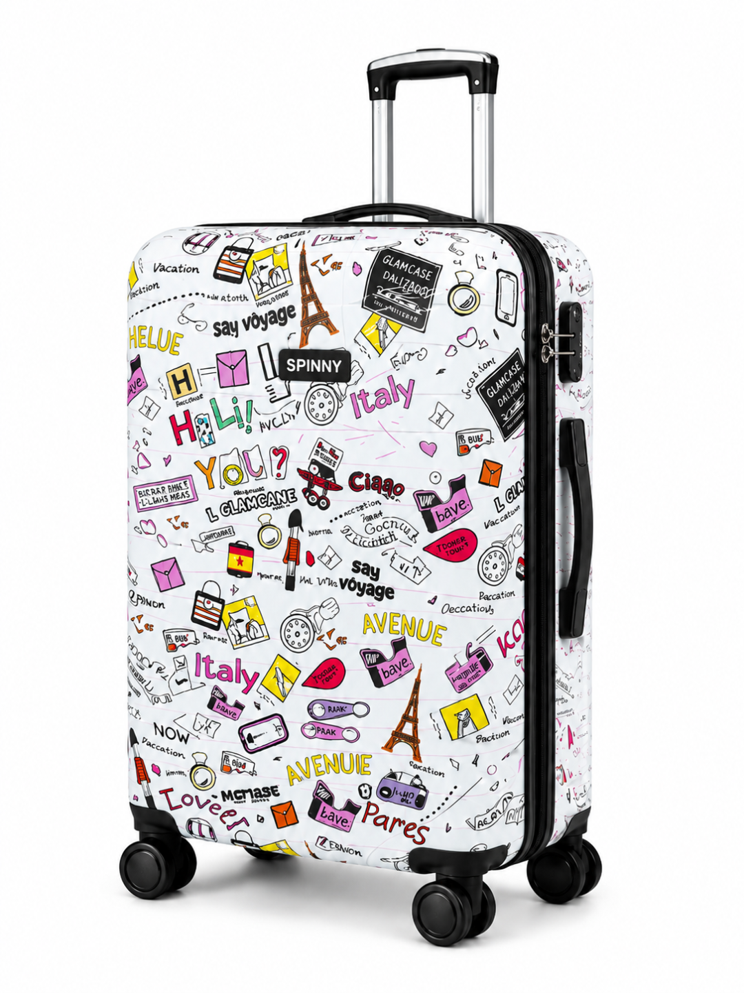 White Travel Doodle Printed ABS Trolley Luggage - Roamer India