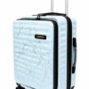 Front angle view of the light blue geometric laptop trolley bag with the front laptop compartment open.