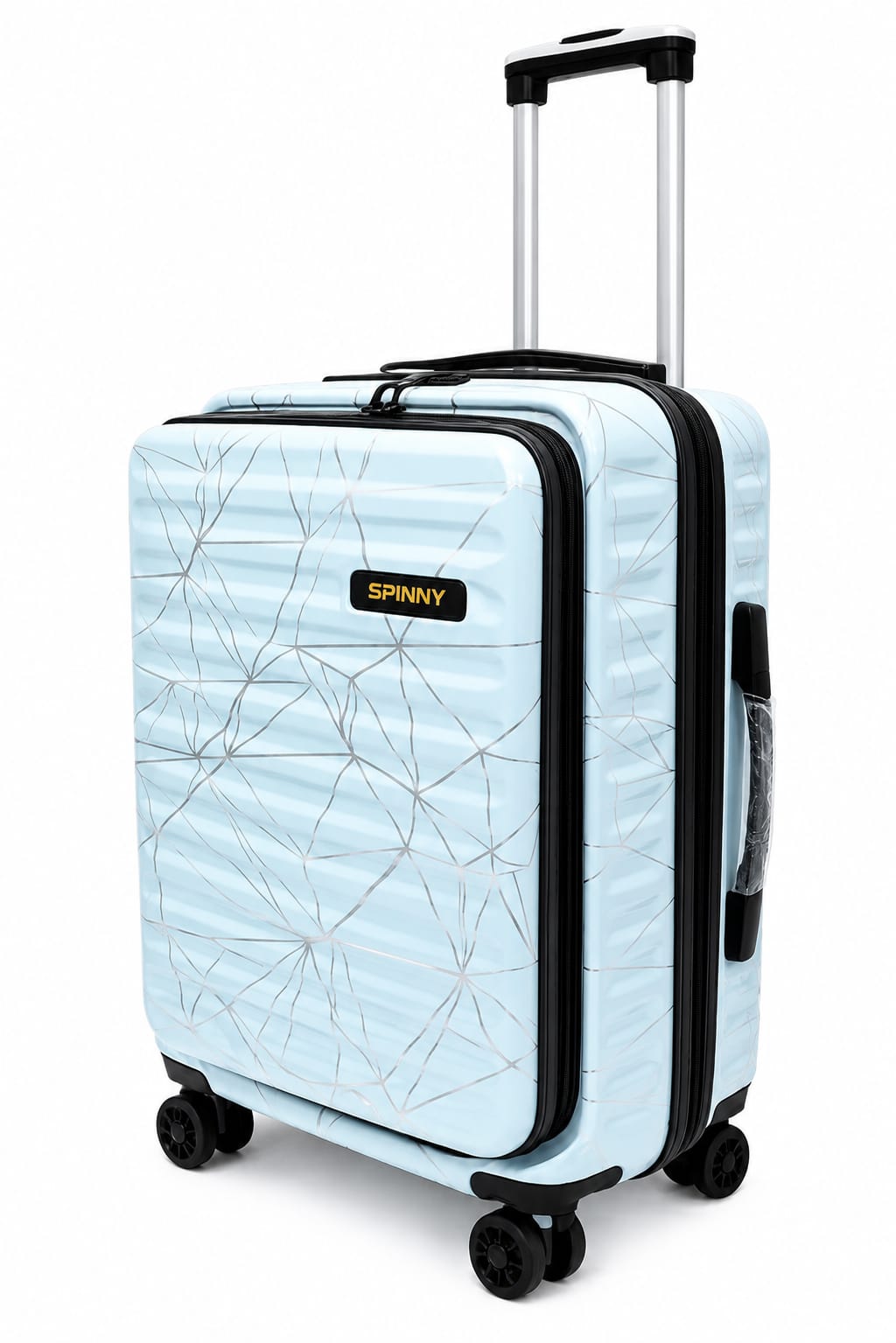 Front angle view of the light blue geometric laptop trolley bag with the front laptop compartment open.