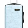 Side profile of the light blue cabin luggage showing the telescopic handle and spinner wheels.