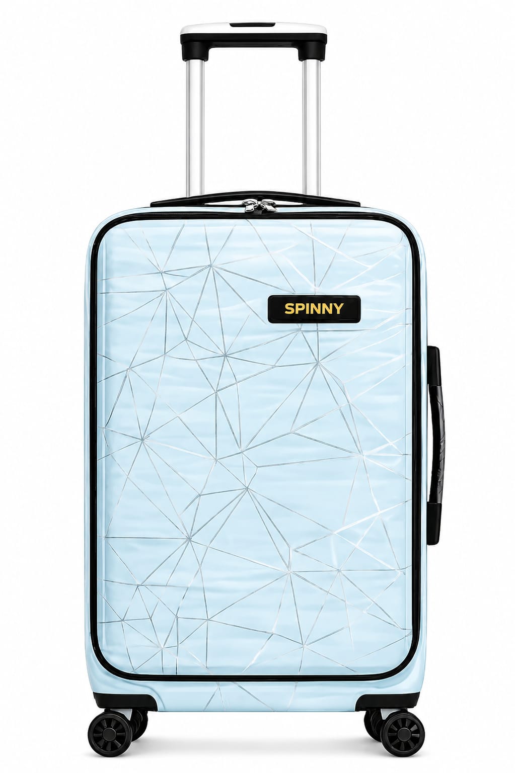 Side profile of the light blue cabin luggage showing the telescopic handle and spinner wheels.