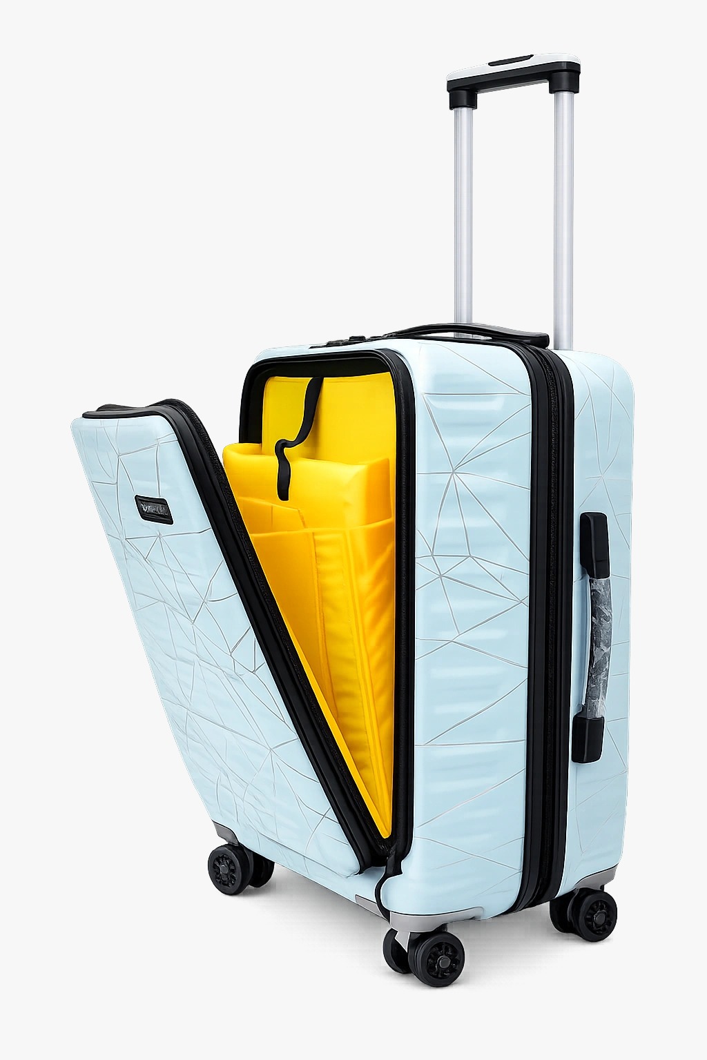 Light blue hard shell laptop trolley bag with a geometric pattern and an open front compartment revealing a vibrant yellow interior.