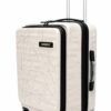 Front angle view of the white geometric laptop trolley bag with the front laptop compartment open.