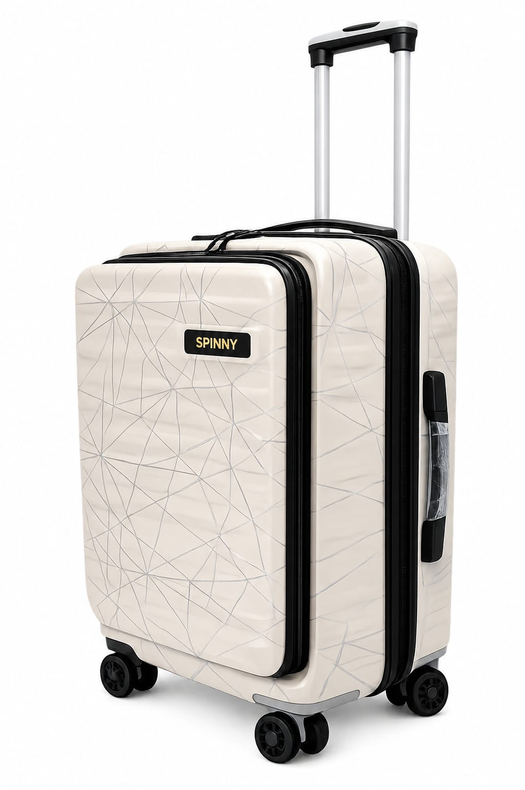 Front angle view of the white geometric laptop trolley bag with the front laptop compartment open.