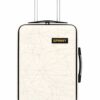 Side profile of the white cabin luggage showing the telescopic handle and spinner wheels.