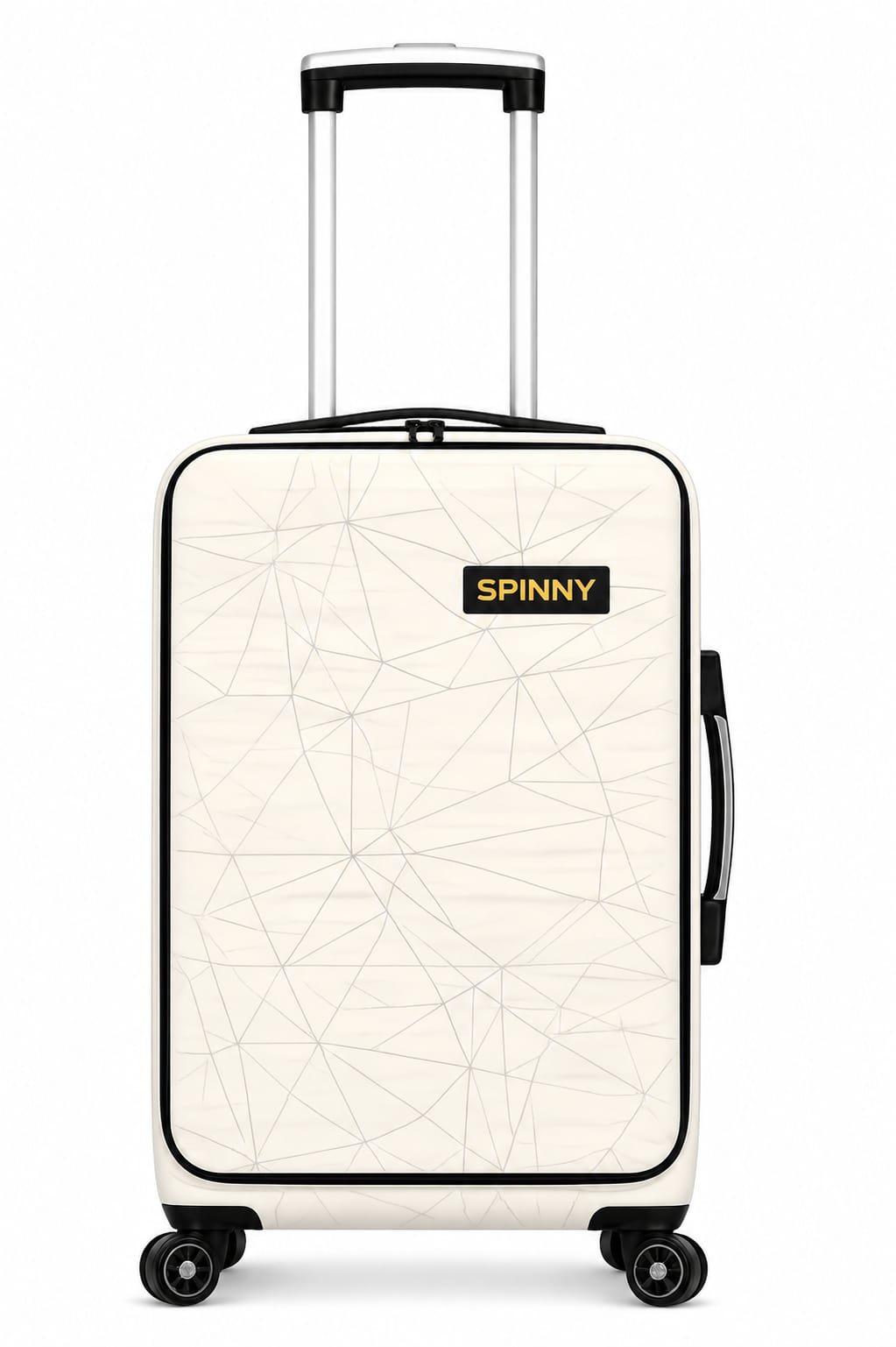Side profile of the white cabin luggage showing the telescopic handle and spinner wheels.