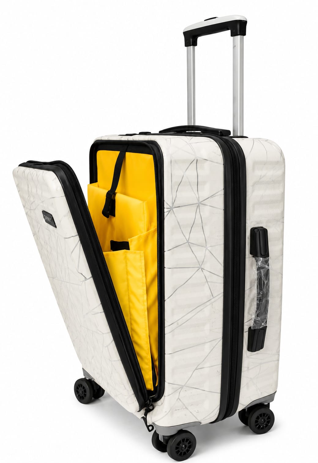 White hard shell laptop trolley bag with a geometric pattern and an open front compartment revealing a vibrant yellow interior.