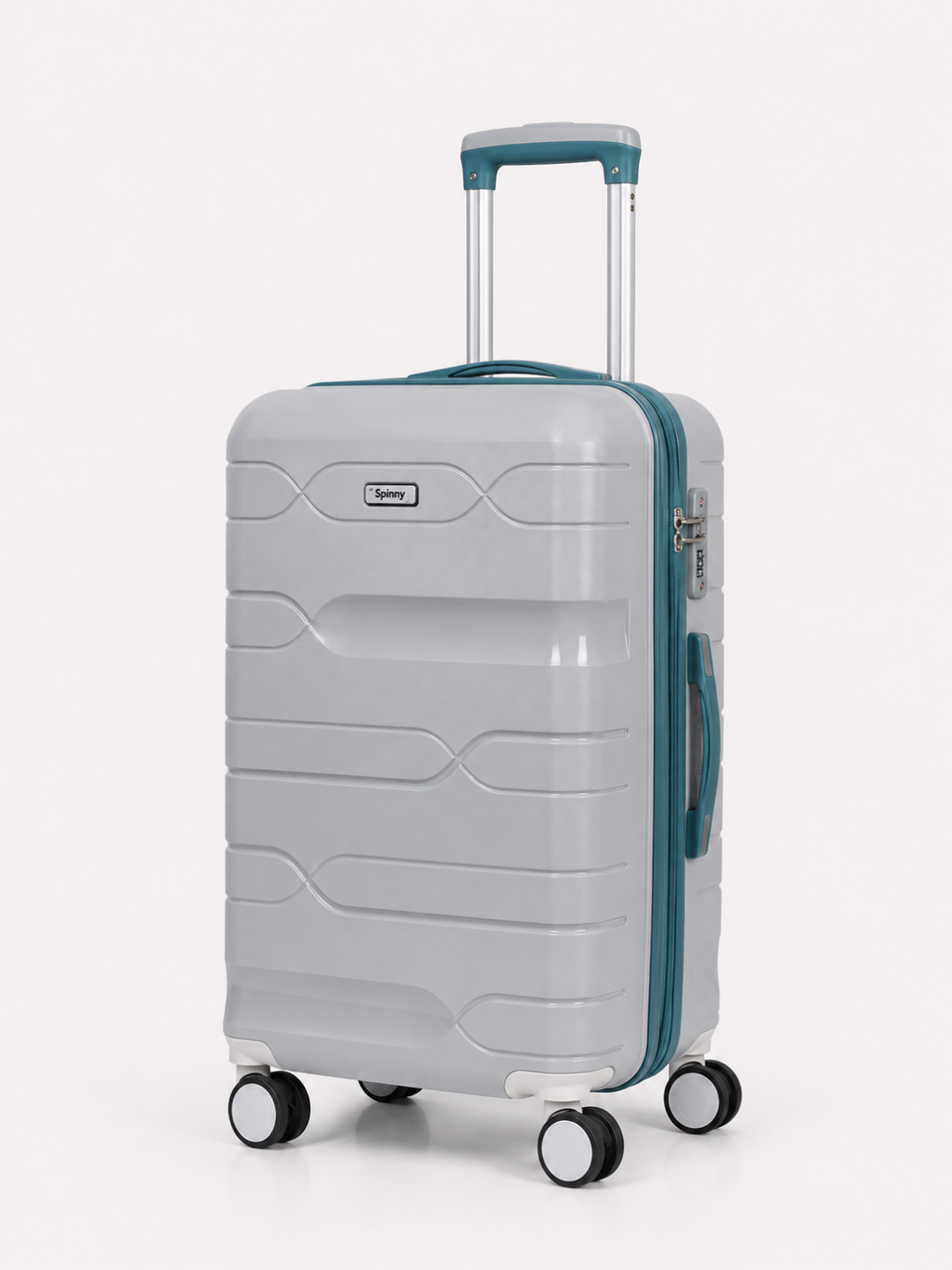 Light Grey PP Trolley Luggage – Teal Contrast Fitting