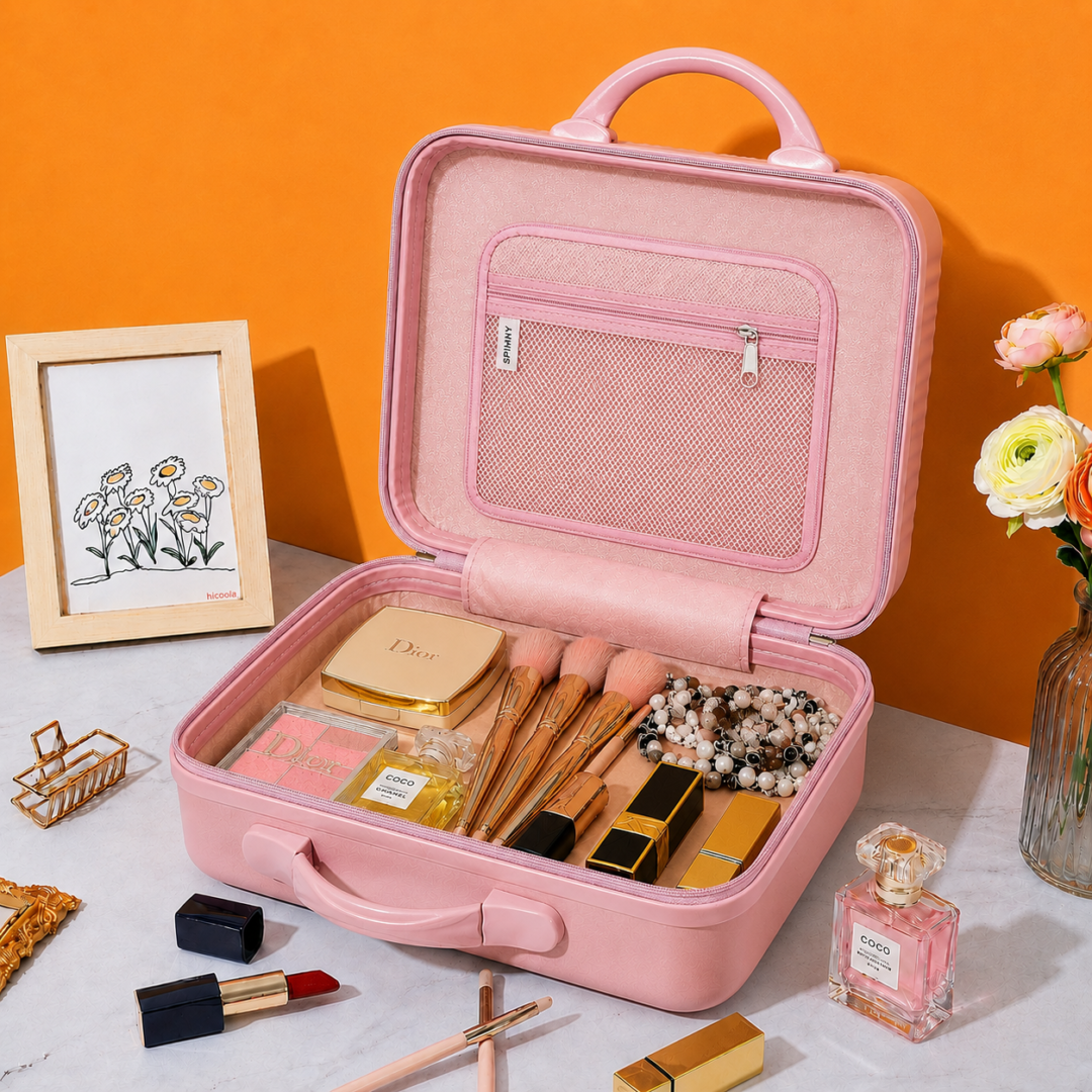 Blush Pink Premium ABS Vanity Box Open Interior with Makeup Storage Compartments - Roamer India