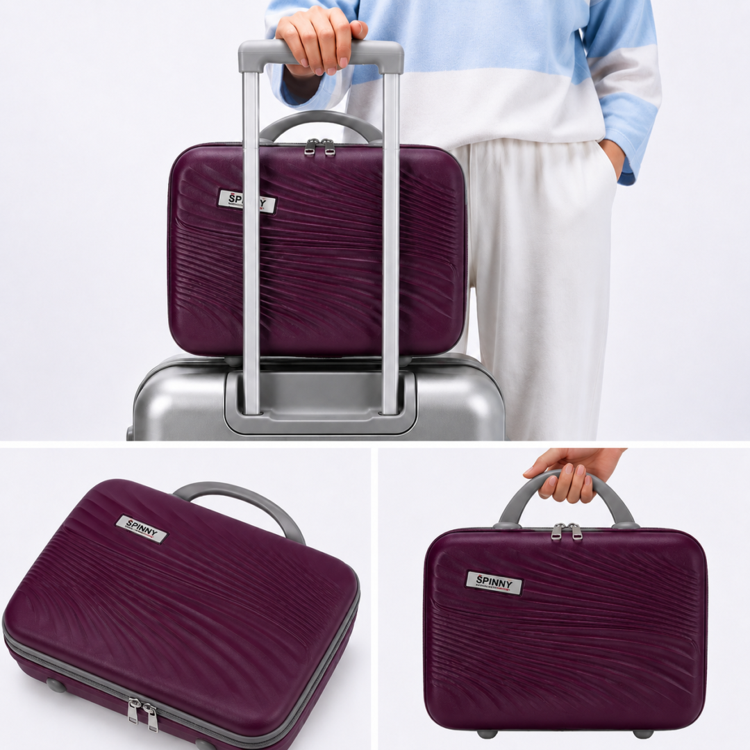 Wine Purple Premium ABS Vanity Box Lifestyle View with Luggage Attachment and Carry Handle - Roamer India