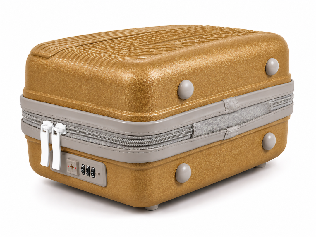 Golden Beige Premium ABS Vanity Box Bottom View with Protective Studs and Combination Lock - Roamer India