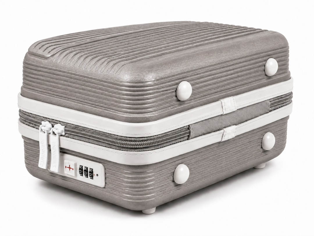 Ash Grey Premium ABS Vanity Box Bottom View with Protective Studs and Combination Lock - Roamer India