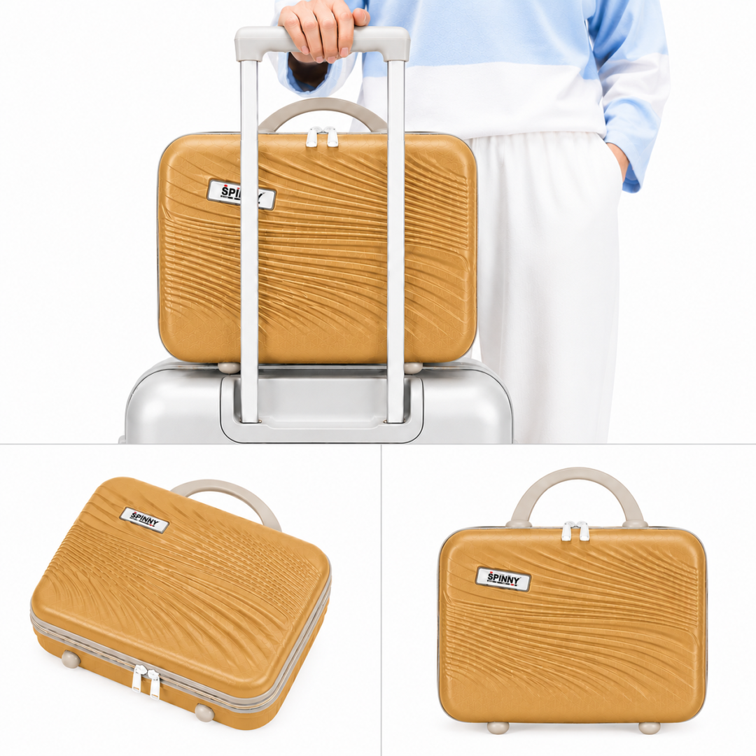 Golden Beige Premium ABS Vanity Box Lifestyle View with Luggage Attachment and Carry Handle - Roamer India