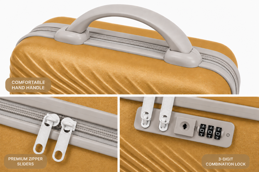 Golden Beige Premium ABS Vanity Box Comfortable Handle, Premium Zipper Sliders and 3-Digit Combination Lock - Roamer India