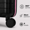 Black PP Trolley Luggage 360° Spinner Wheels Close-up with Pink Fitting