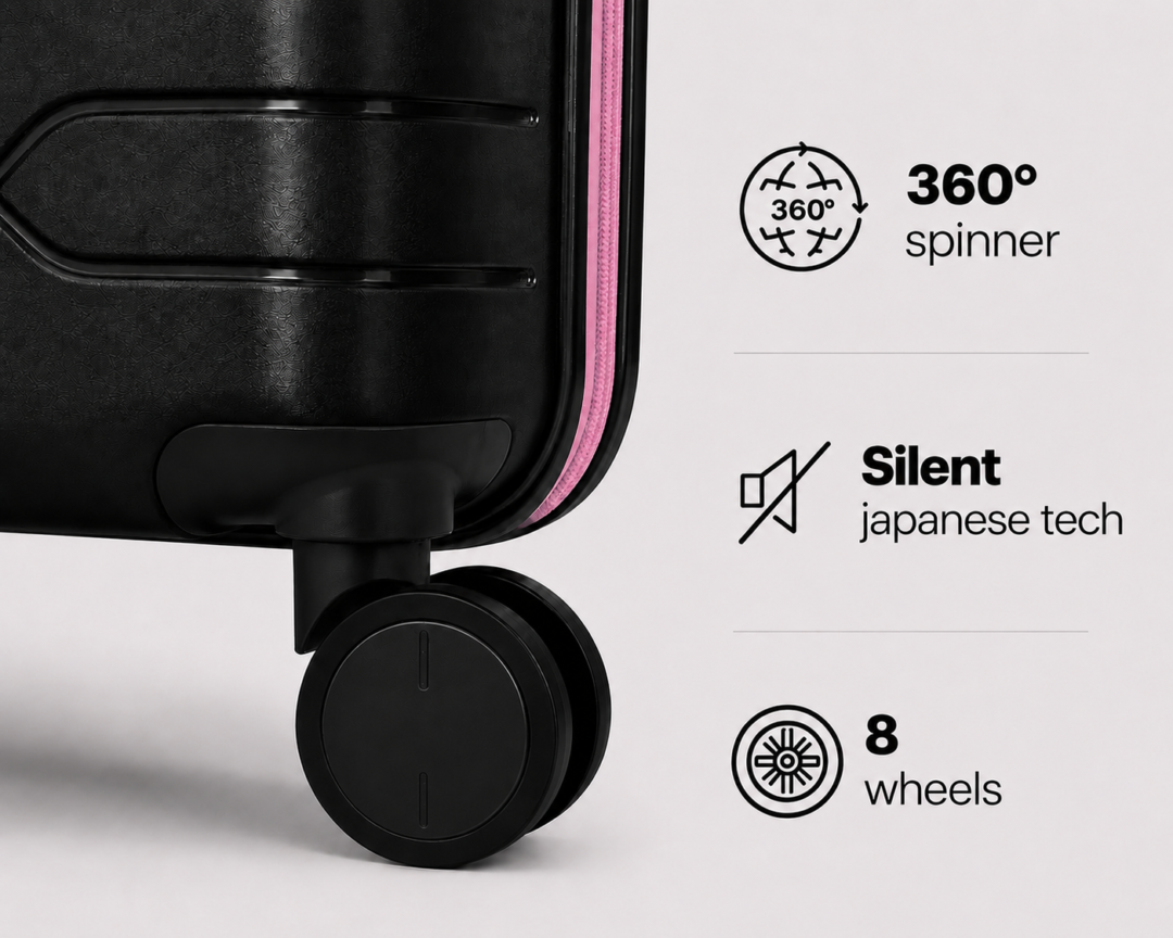Black PP Trolley Luggage 360° Spinner Wheels Close-up with Pink Fitting