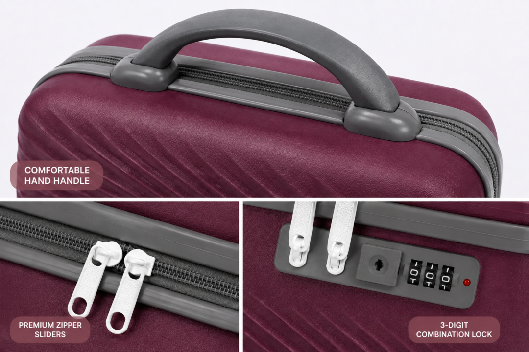 Wine Purple Premium ABS Vanity Box Comfortable Handle, Premium Zipper Sliders and 3-Digit Combination Lock - Roamer India