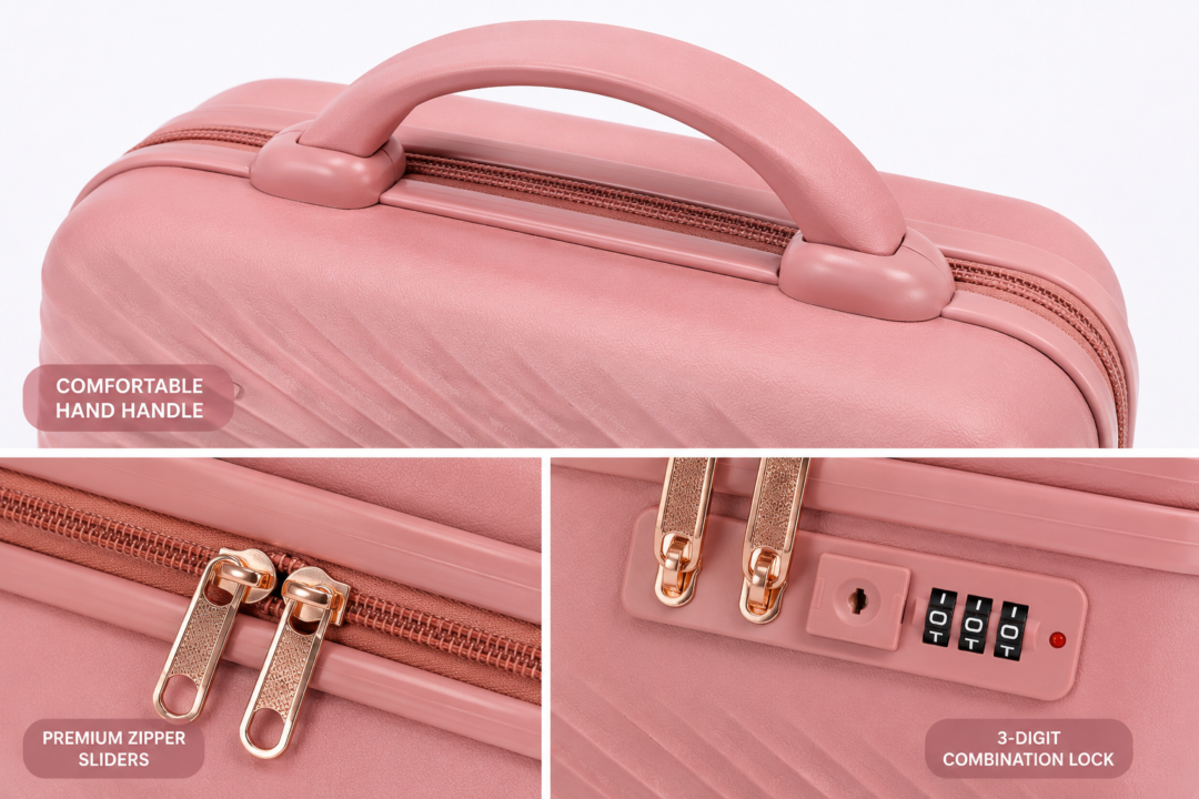Premium ABS Vanity Box Comfortable Handle, Premium Zipper Sliders and 3-Digit Combination Lock - Roamer India
