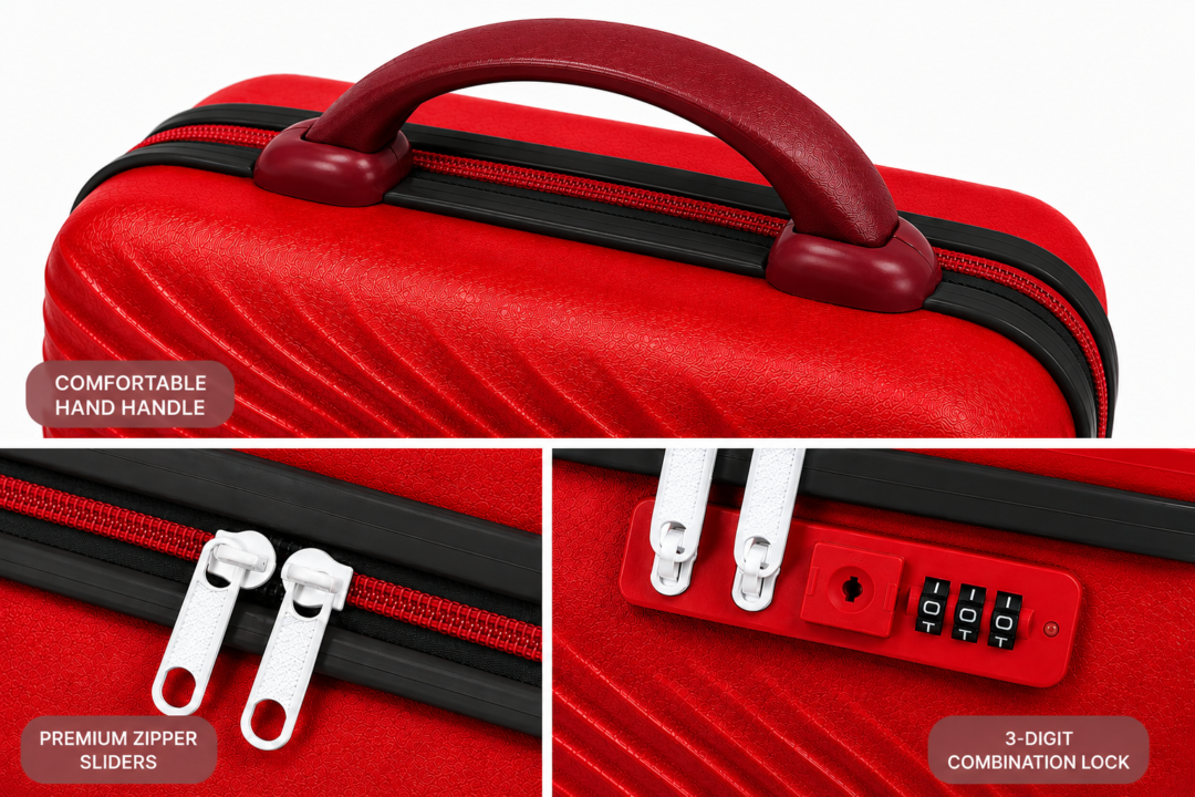 Cherry Red Premium ABS Vanity Box Comfortable Handle, Premium Zipper Sliders and 3-Digit Combination Lock - Roamer India
