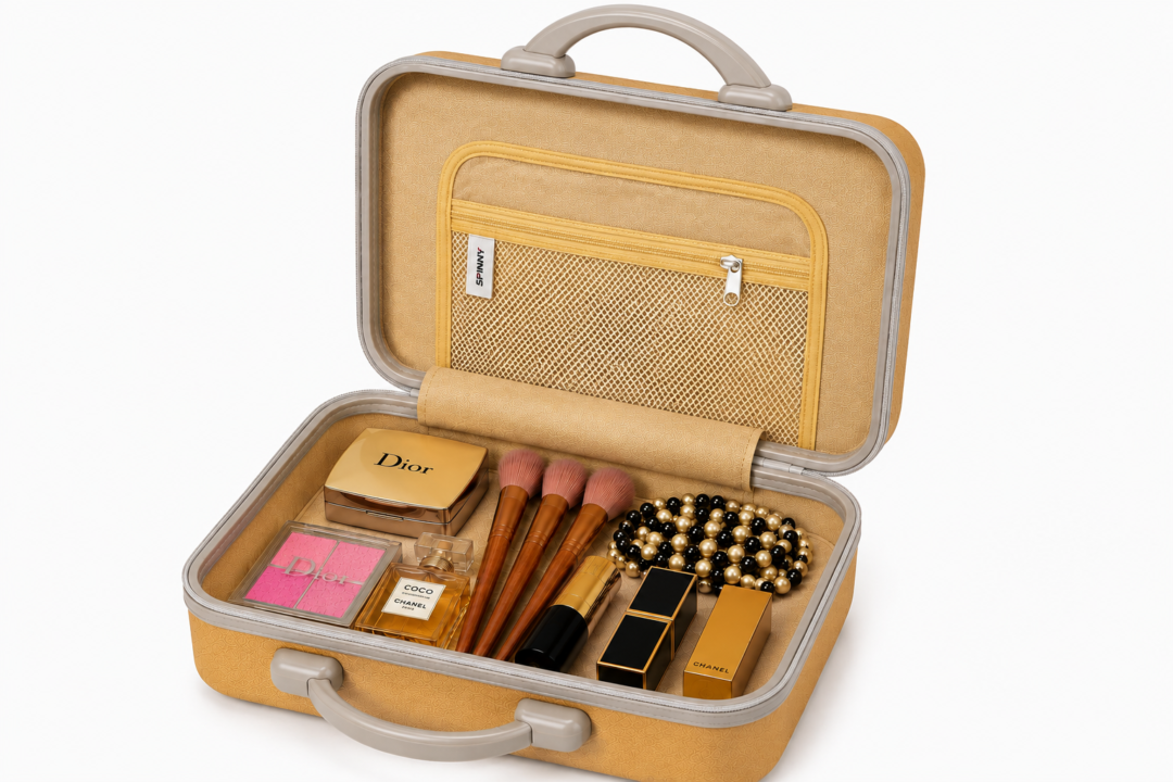 Golden Beige Premium ABS Vanity Box Open Interior with Makeup Storage Compartments - Roamer India