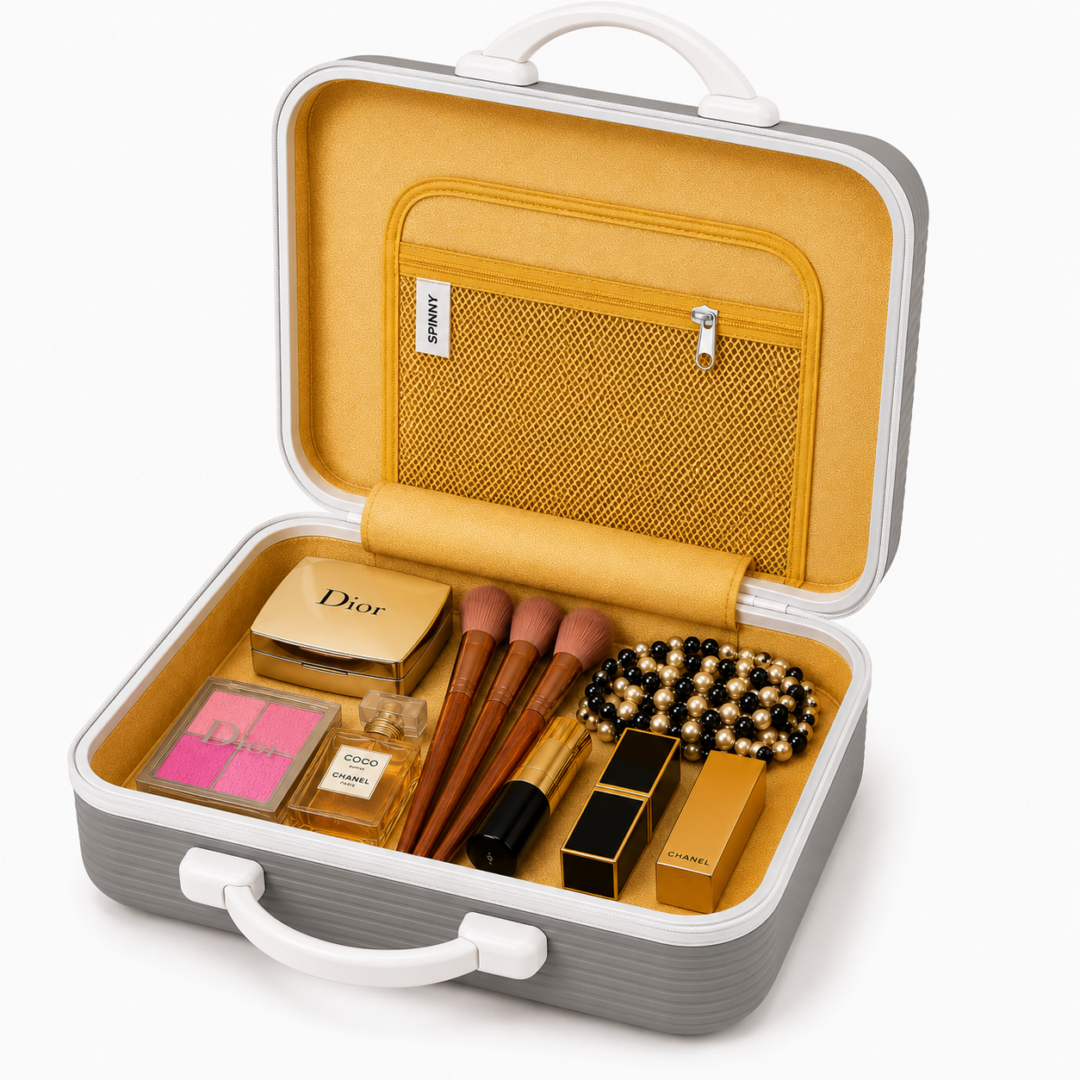 Ash Grey Premium ABS Vanity Box Open Interior with Makeup Storage Compartments - Roamer India