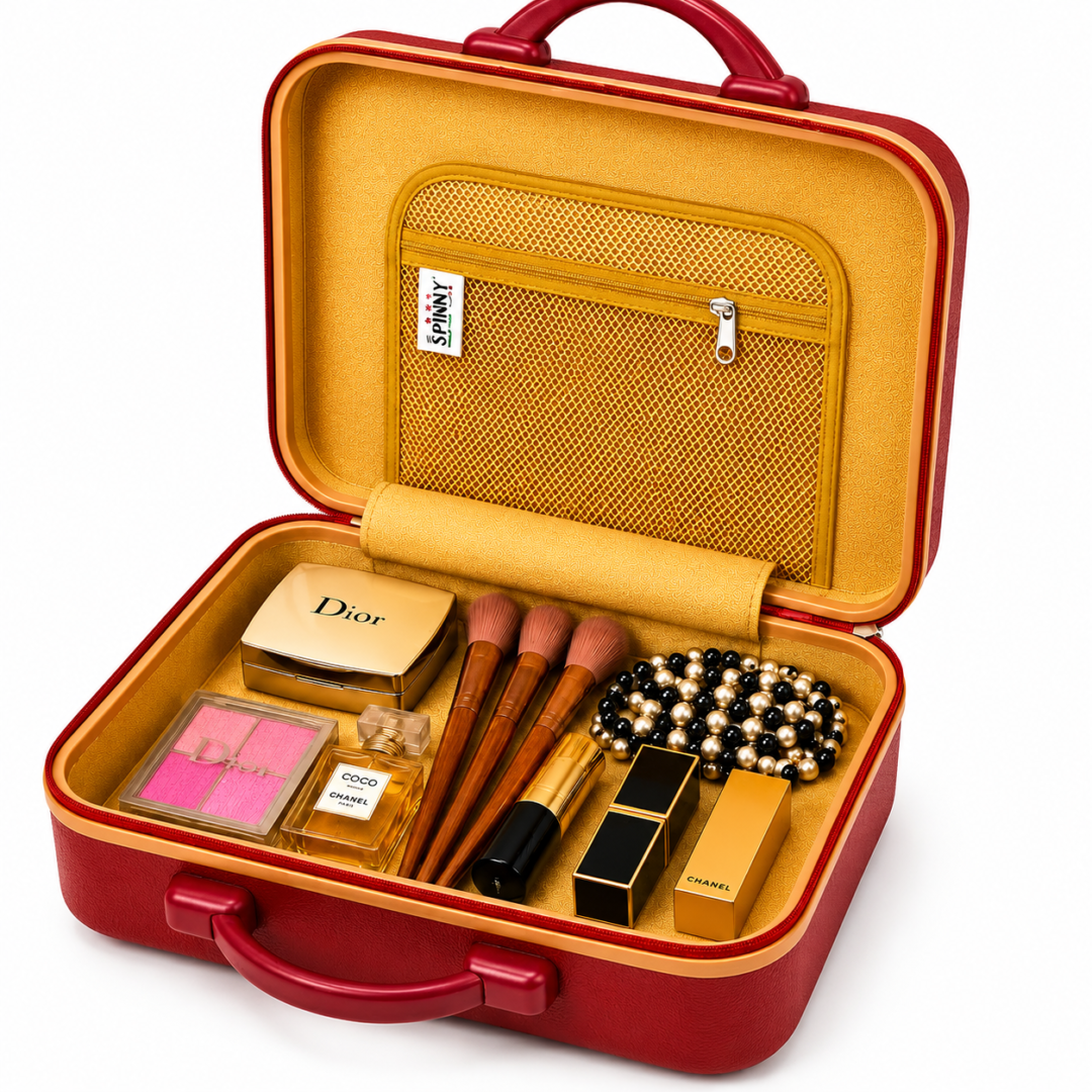 Maroon Premium ABS Vanity Box Open Interior with Makeup Storage Compartments - Roamer India